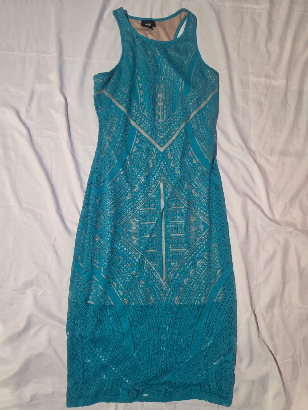 Mossimo Teal Geometric Mesh Illusion Bodycon Dress Nude Lining XS